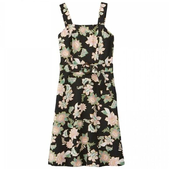 Who What Wear Boho Linen Blend Black Floral Dress S With Belt A-Line Square Neck - Picture 10 of 10